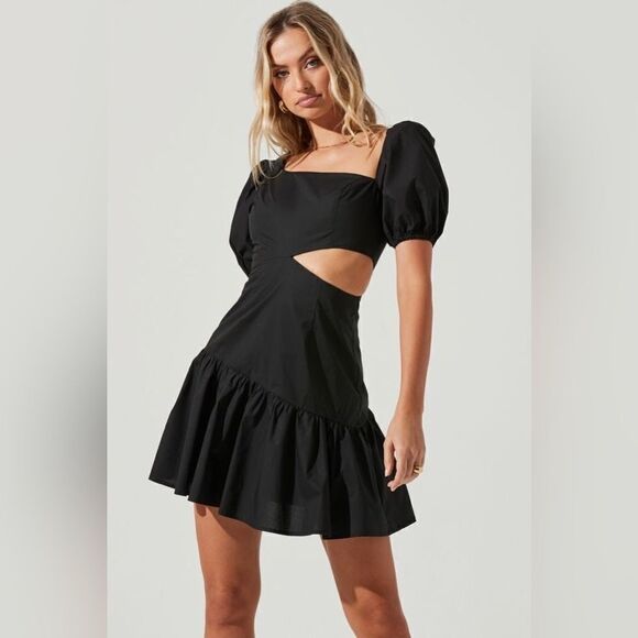 ASTR THE LABEL Mayfair Dress Fit & Flare Stretch Poplin Black Puff Sleeve Cutout - Picture 2 of 6